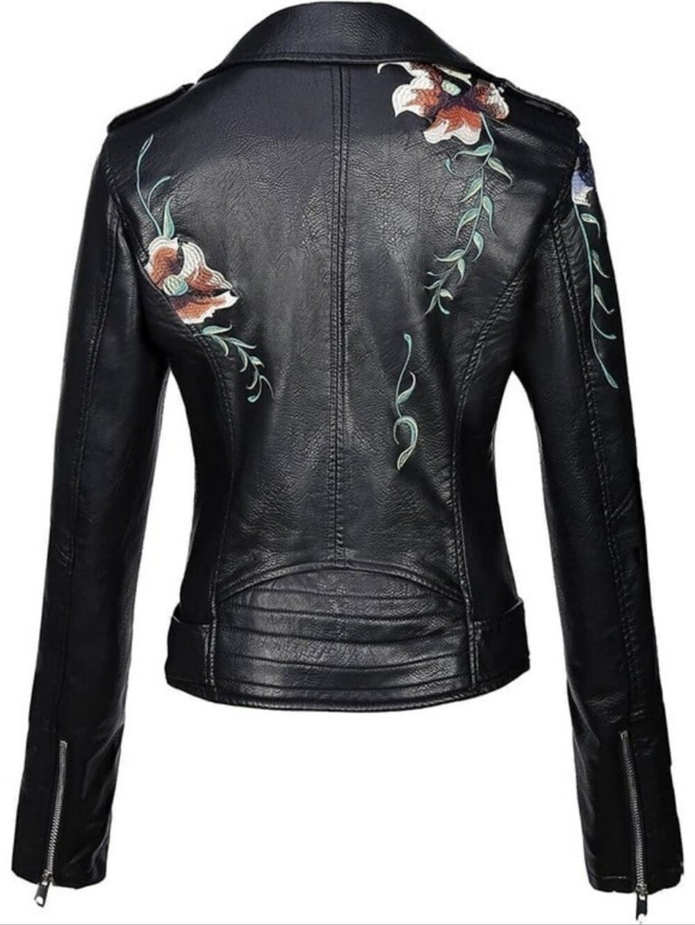 BELLIVERA Floral Vegan Leather Embroidered Moto Jacket Black - Picture 11 of 14